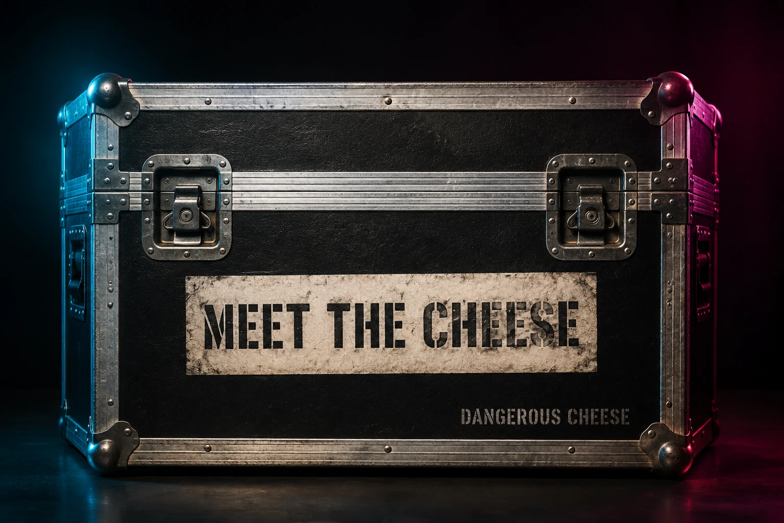 A road-worn touring flight case marked Meet the Cheese, lit with restrained cyan and magenta neon