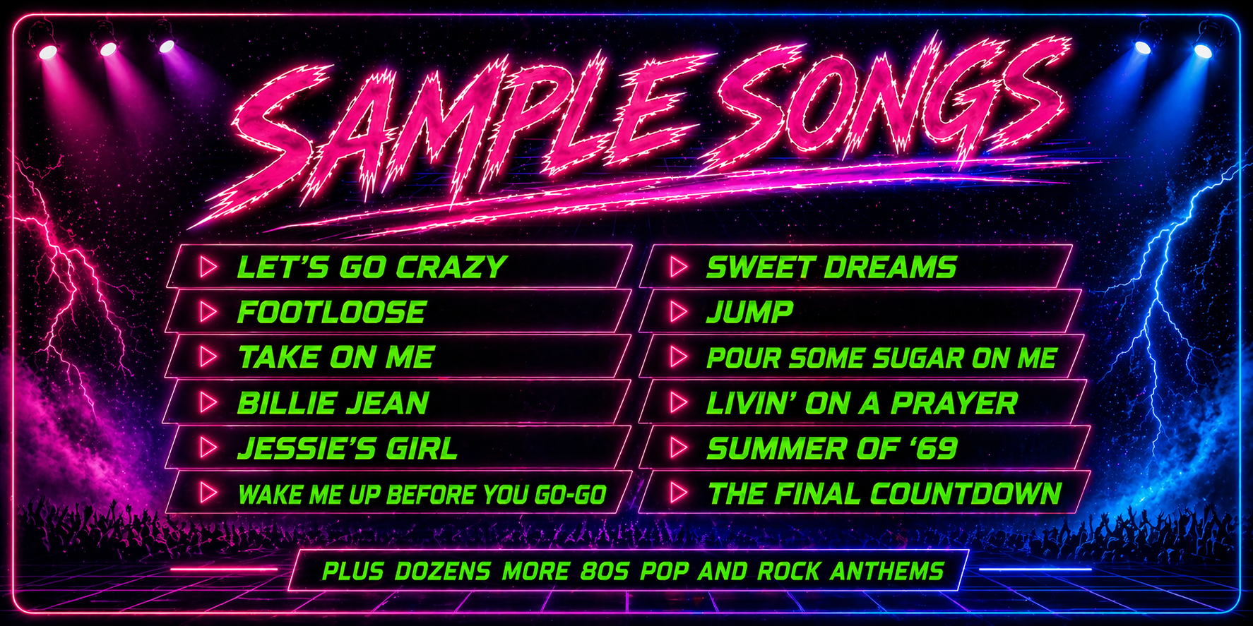 Dangerous Cheese sample songs graphic featuring 80s pop and rock anthem examples