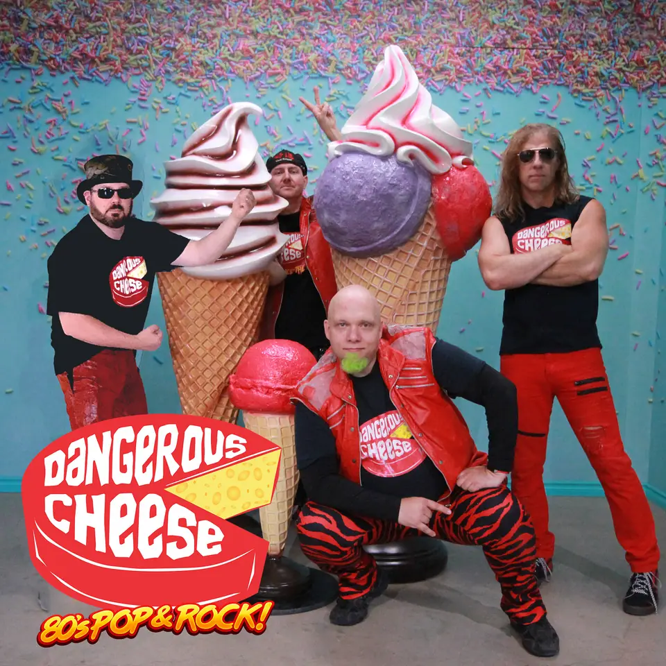 Dangerous Cheese square ice cream promo image with logo and 80’s Pop & Rock tagline