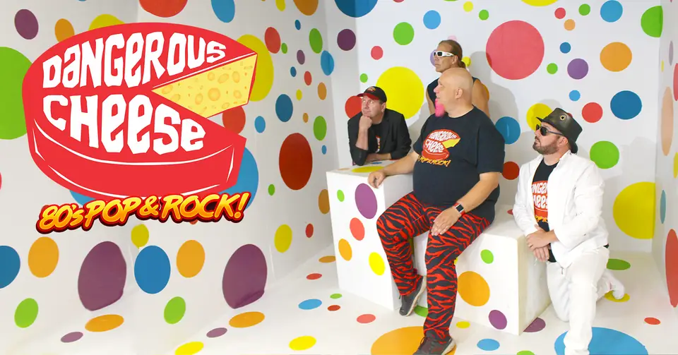 Dangerous Cheese EPK promo shot with polka dot backdrop and new logo tagline