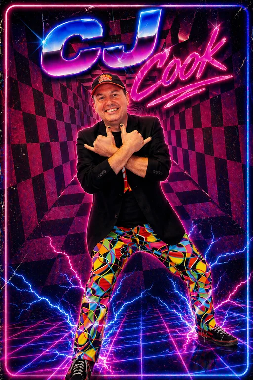 CJ Cook promo portrait with neon tunnel backdrop