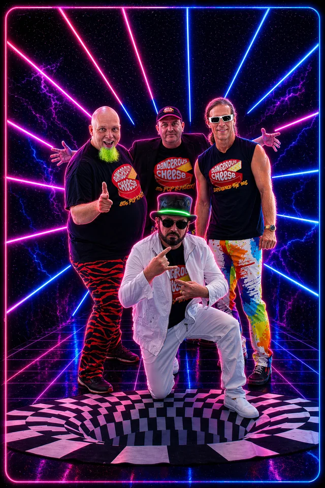 Dangerous Cheese full band promo shot with neon retro backdrop