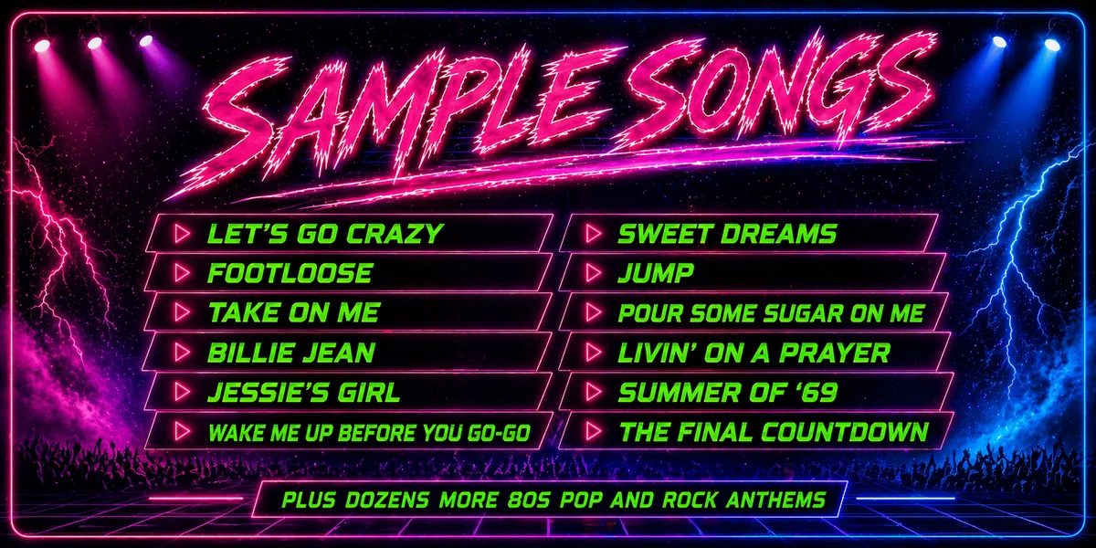 Dangerous Cheese sample songs graphic featuring 80s pop and rock anthem examples