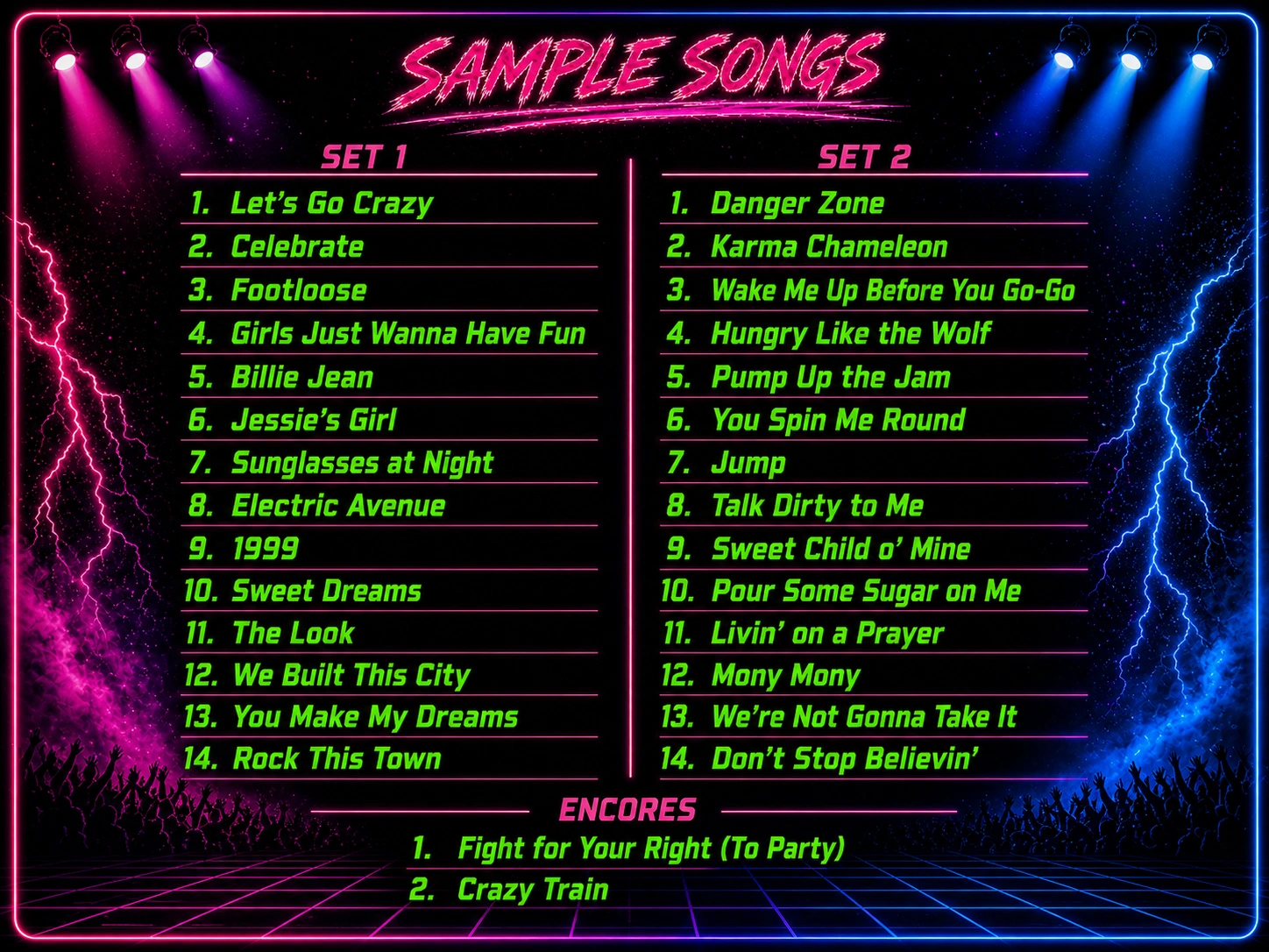 Dangerous Cheese sample setlist with three groups: set one, set two, and encores