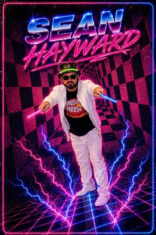 Sean Hayward promo portrait with neon tunnel backdrop