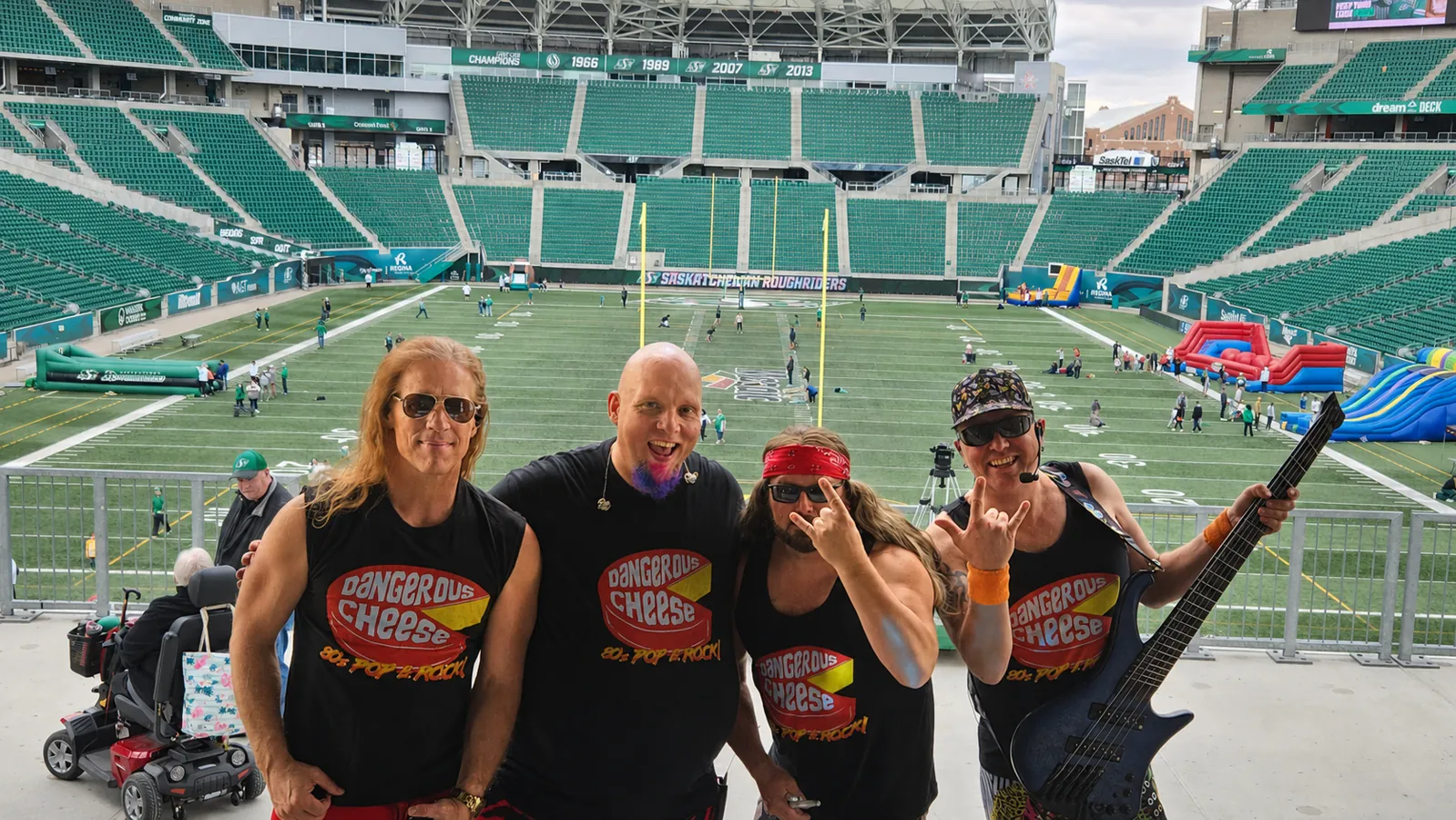 Dangerous Cheese together at Mosaic Stadium for Saskatchewan Roughriders Family Day in May 2023