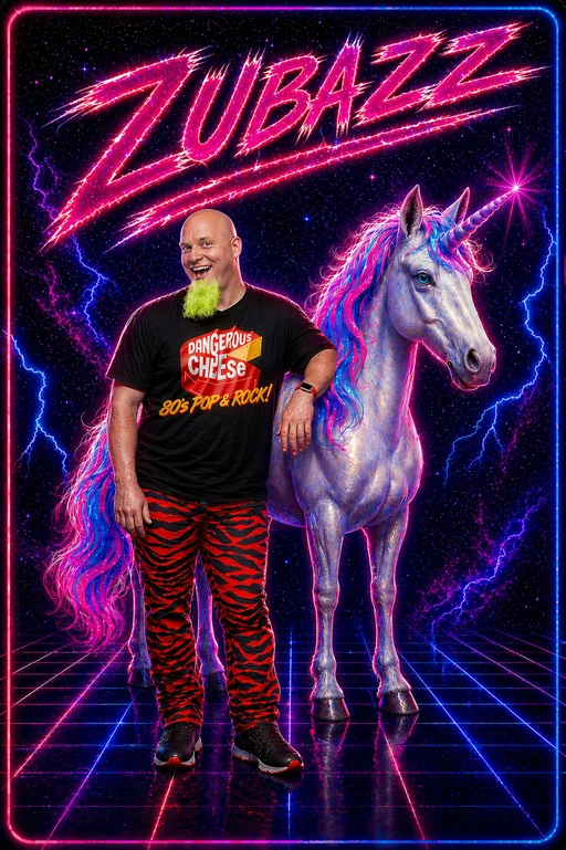 Zubazz standing beside a neon unicorn in Dangerous Cheese gear