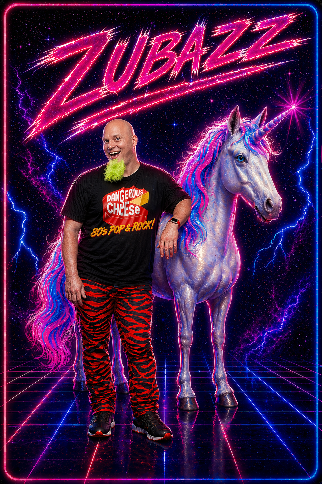 Zubazz standing beside a neon unicorn in Dangerous Cheese gear